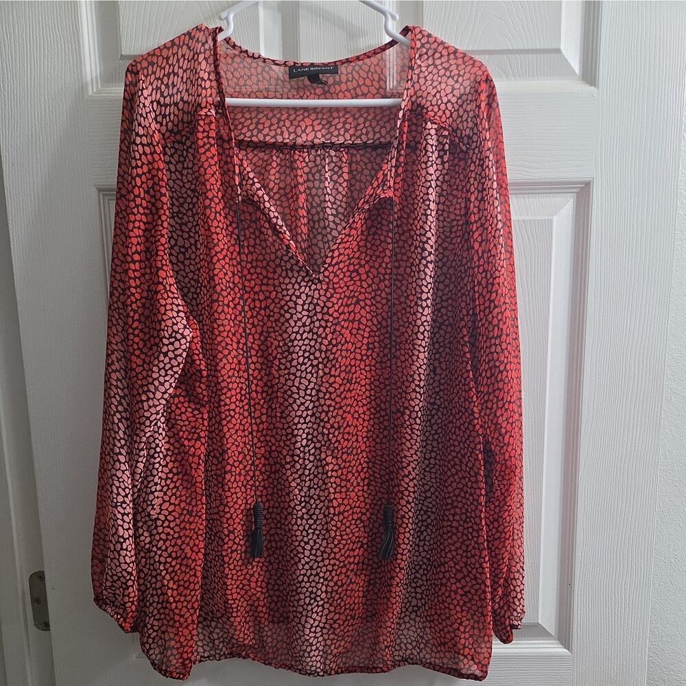 Lane Bryant Red & Black Tie Front Tassel Pullover Sheer Blouse Animal Print18/20